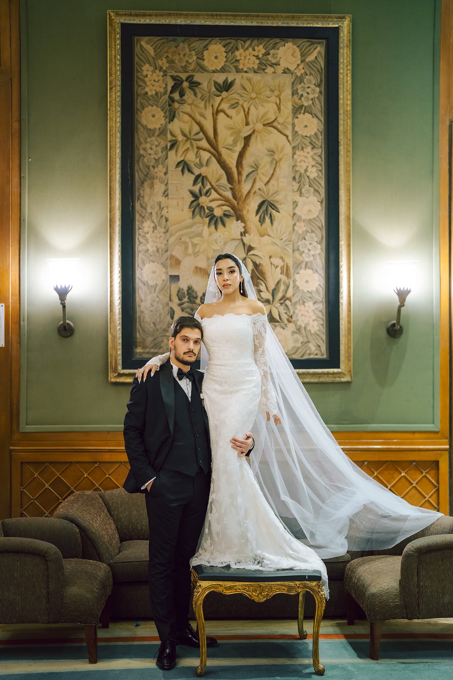 Bride groom elegant formal portrait interior