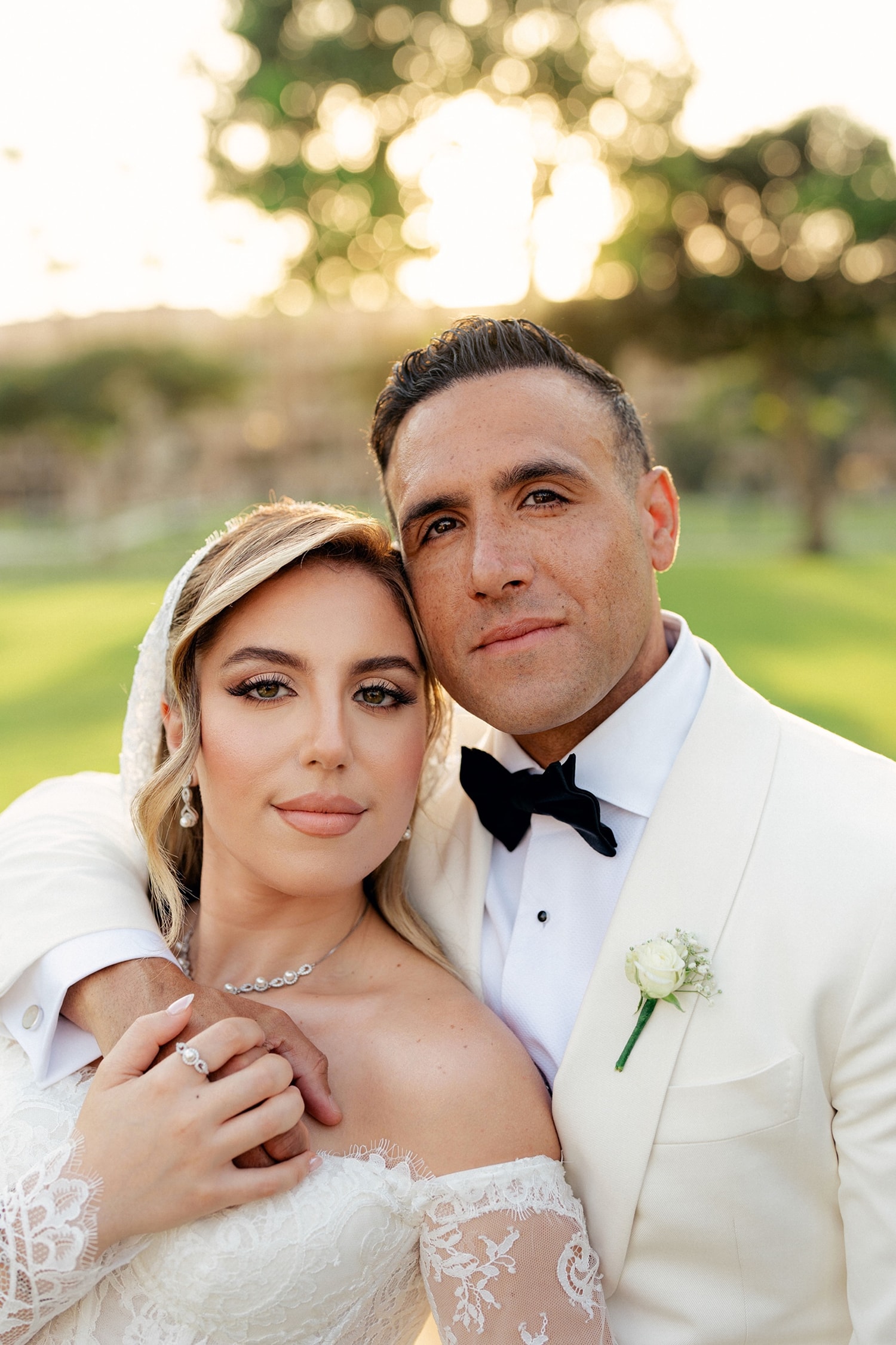 Bride groom formal wedding portrait outdoors
